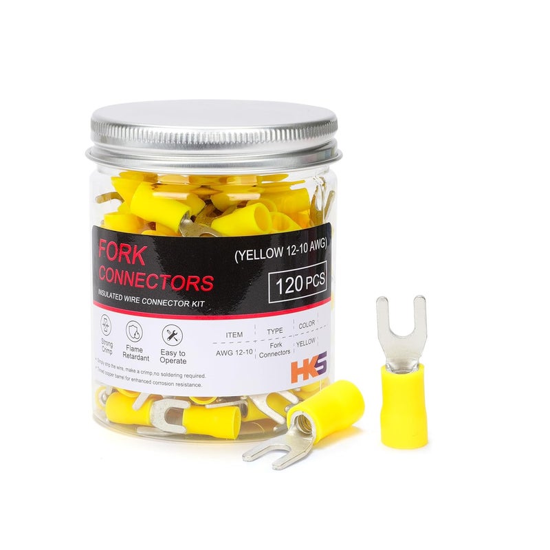 HK-S 120PCS Insulated Fork Spade Wire Connectors - Yellow 12-10 AWG M4 Stud Size #8 - Tinned Red Copper - U-Type Electrical Crimp Terminals - Image 1